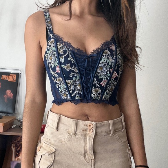 Floral Lace Corset Top Adjustable Straps Navy Blue Bustier Tank‎ Top - Picture 1 of 8
